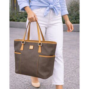 Dooney & Bourke Helena Shopper Brown Leather Tote Zip Top Red Interior